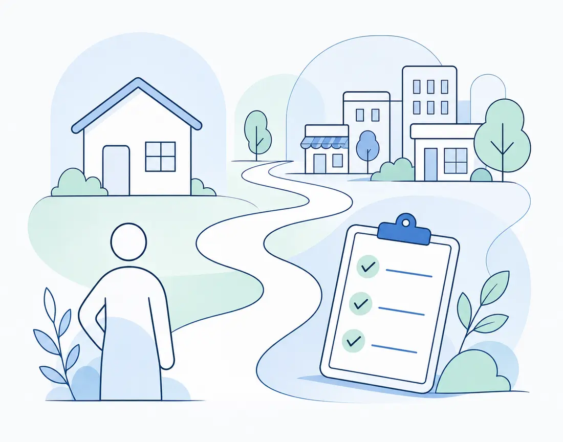 Illustration showing a person, home, community access and a completed functional assessment checklist